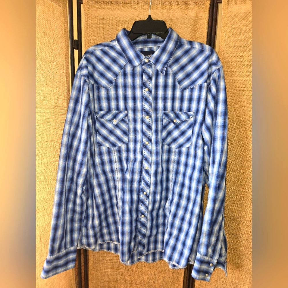 Vintage Men's Blue Plaid Men's Shirt Pearl Snap Size XXL